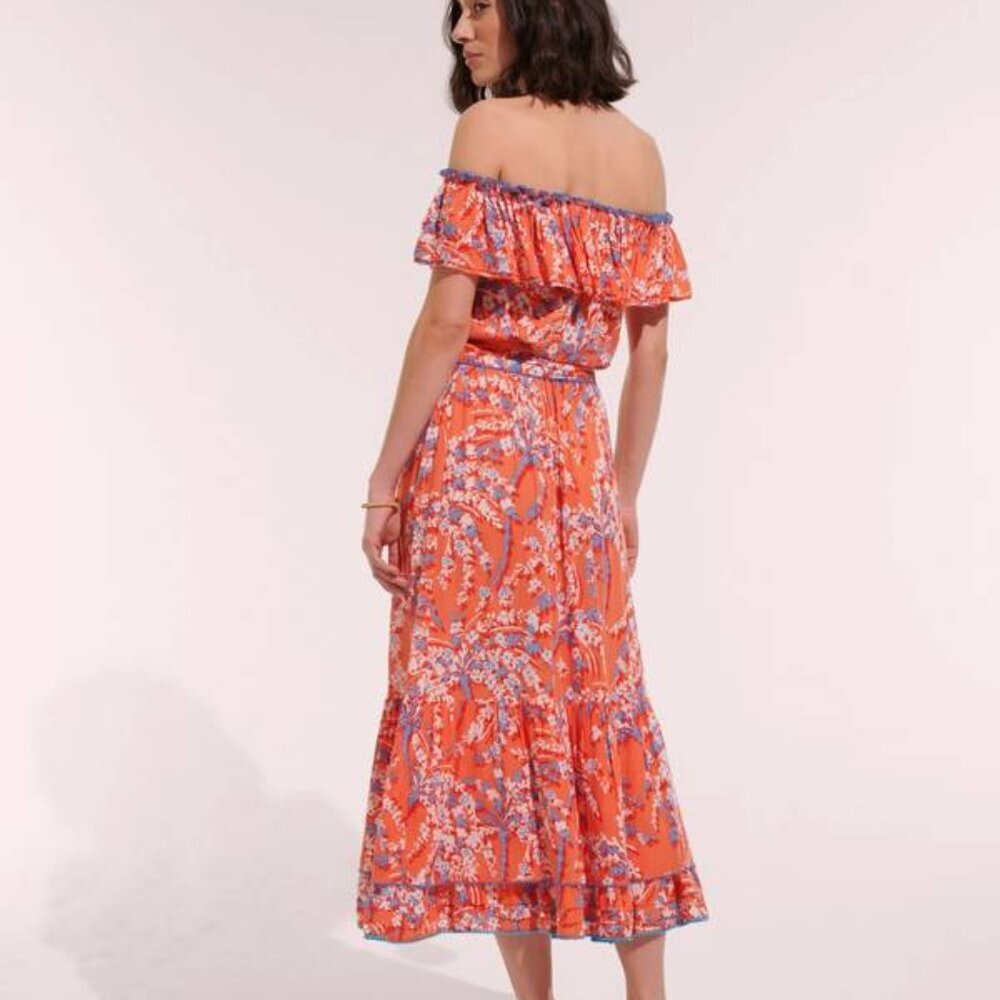 Poupette St Barth Women's Long Dress Bella Ruffled Off Shoulder Belted Size S - Picture 2 of 10